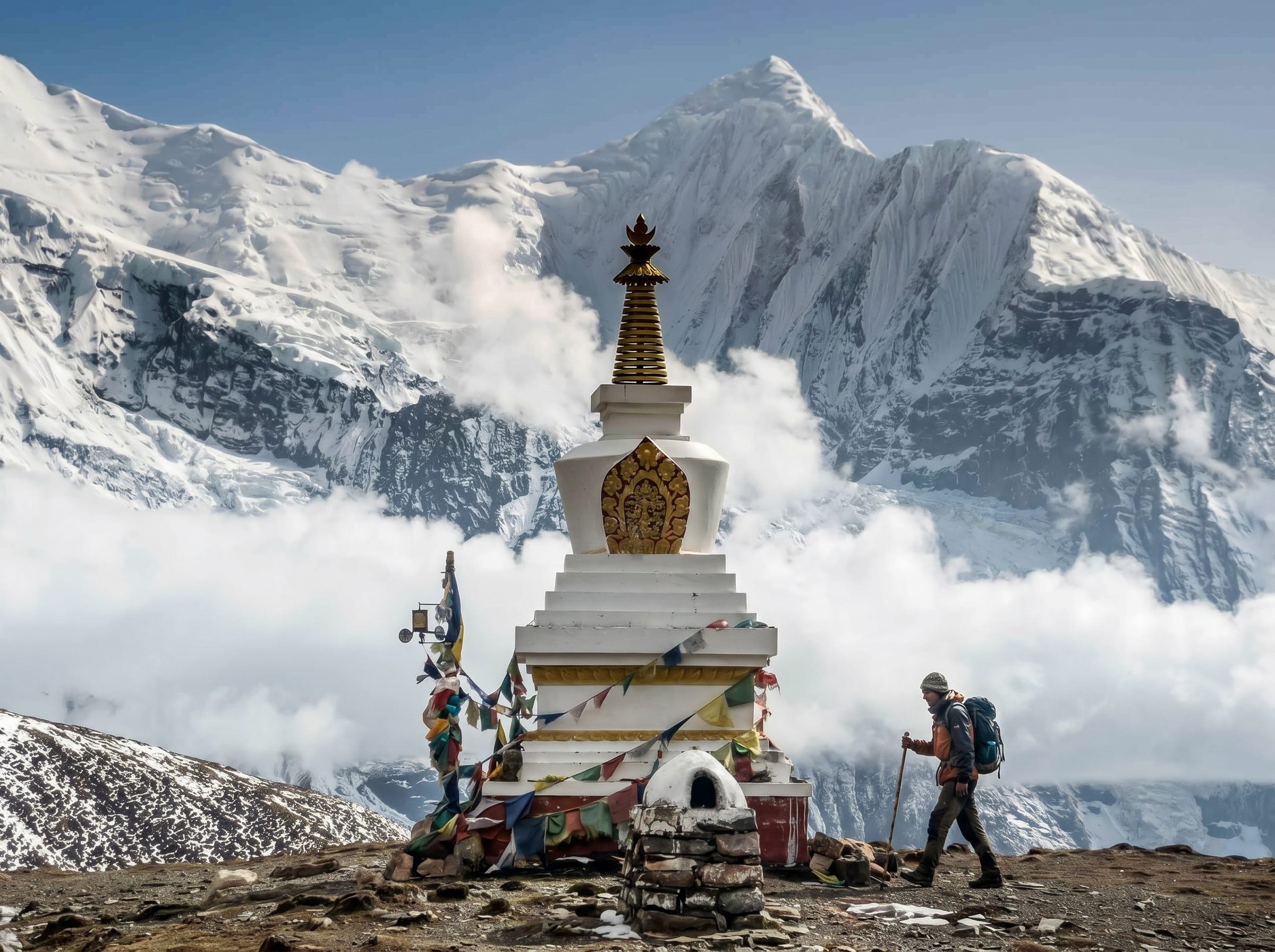 Trekkers walking through diverse landscapes on the Annapurna Circuit route