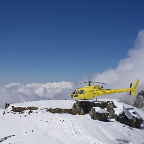 Everest Base Camp covered with snow during helicopter tour