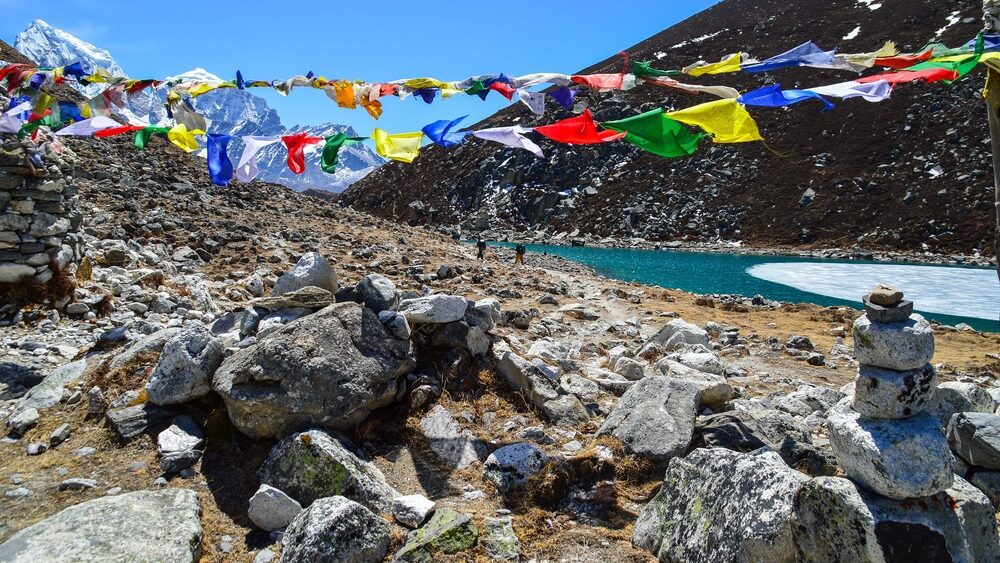 Gokyo Lake Helicopter Trek prayer flag view